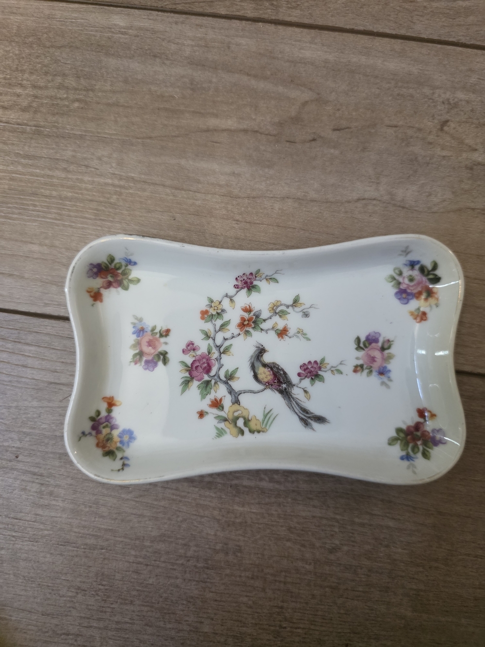 Limoges White Porcelain Tray with Multicolor Floral and Bird Design